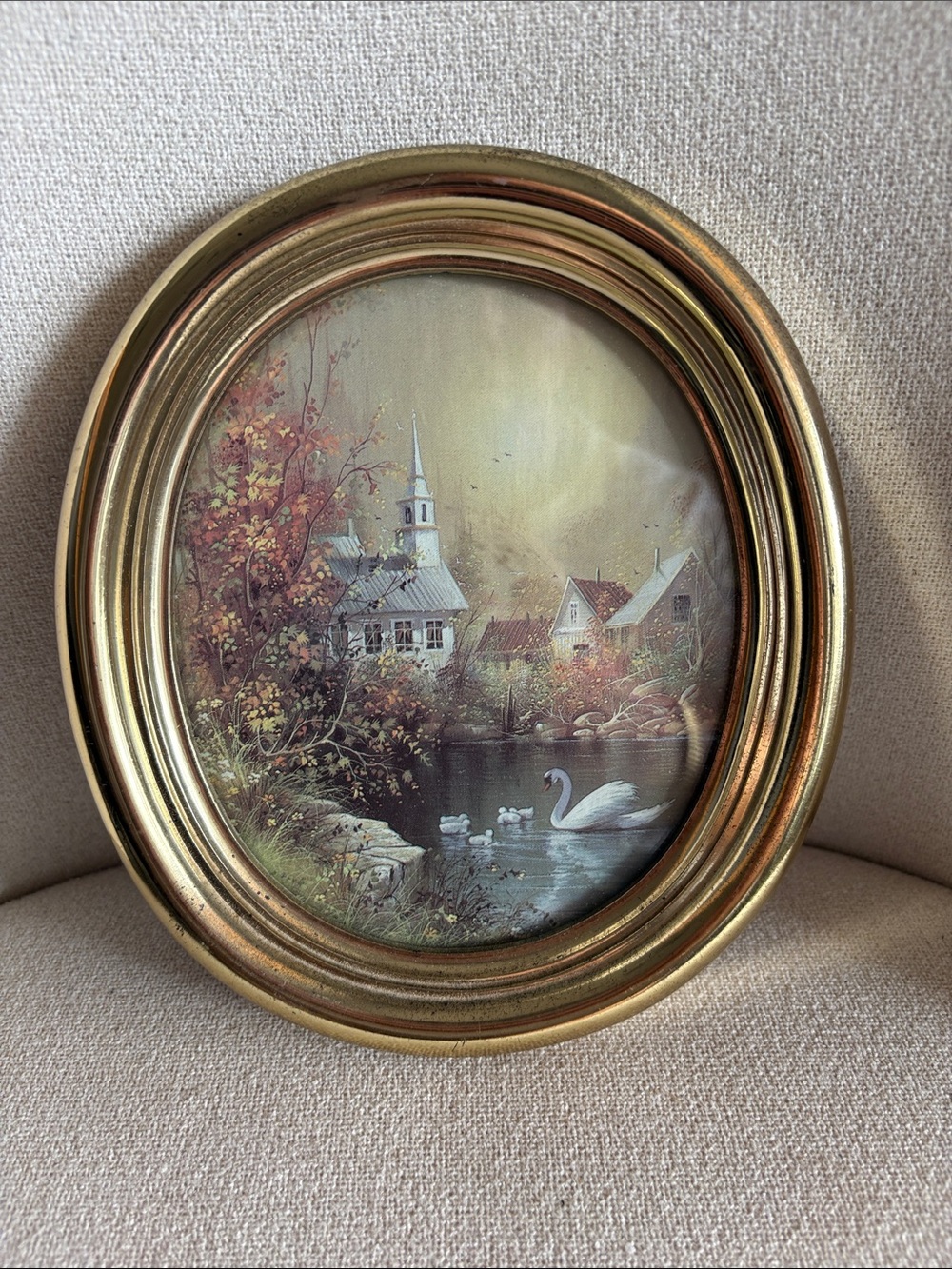 VTG Homco Gold Oval Framed Swan Lake & Church Print by Andres Orpinas
